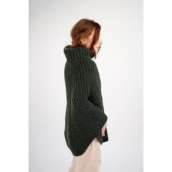 SAOL Cable Knit Poncho Cape Merino Wool Irish Sweater Turtle Neck Army Green OS - Picture 8 of 8